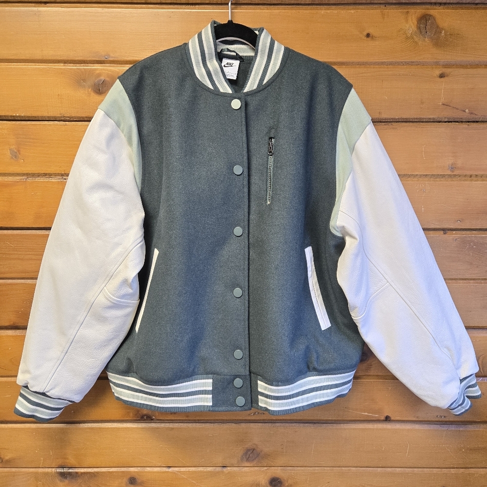 Nike Women’s Destroyer Varsity Jacket Oversized Green Cream Leather Wool Size L